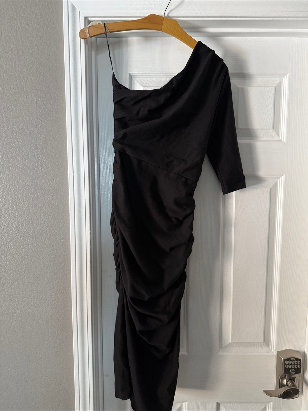 Alpaca One-Shoulder Black Ruched Dress